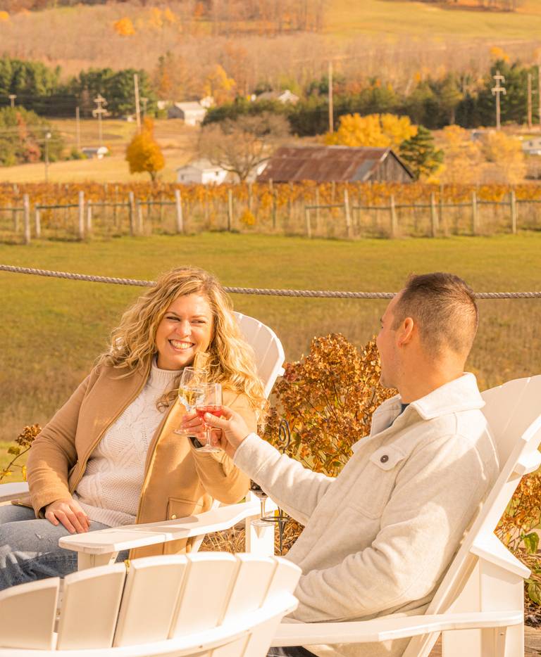Smiling couple toasts with wine while sitting outdoors at autumn winery
