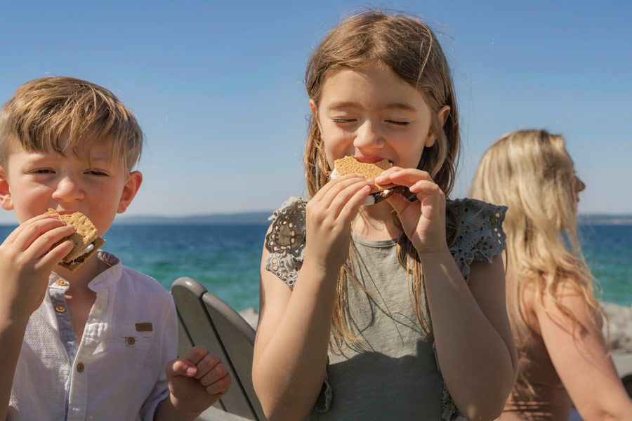 Young siblings enjoy s'mores near Lake Michigan