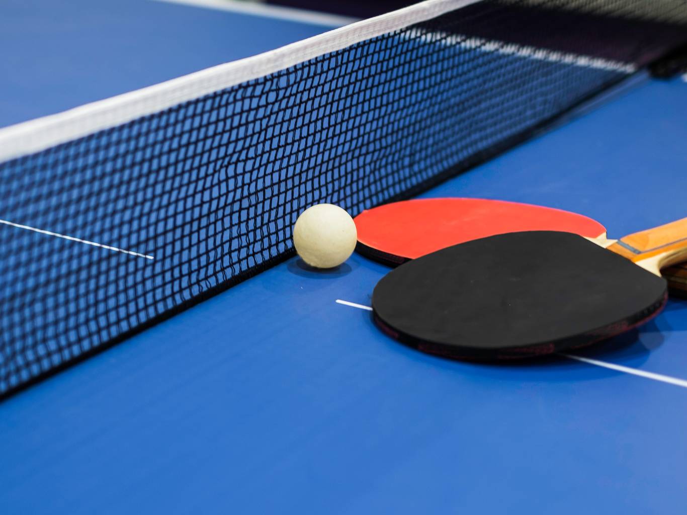 Black and red table tennis paddles resting on blue game table