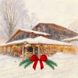 Pond Hill Farm painting, winter barn during holidays