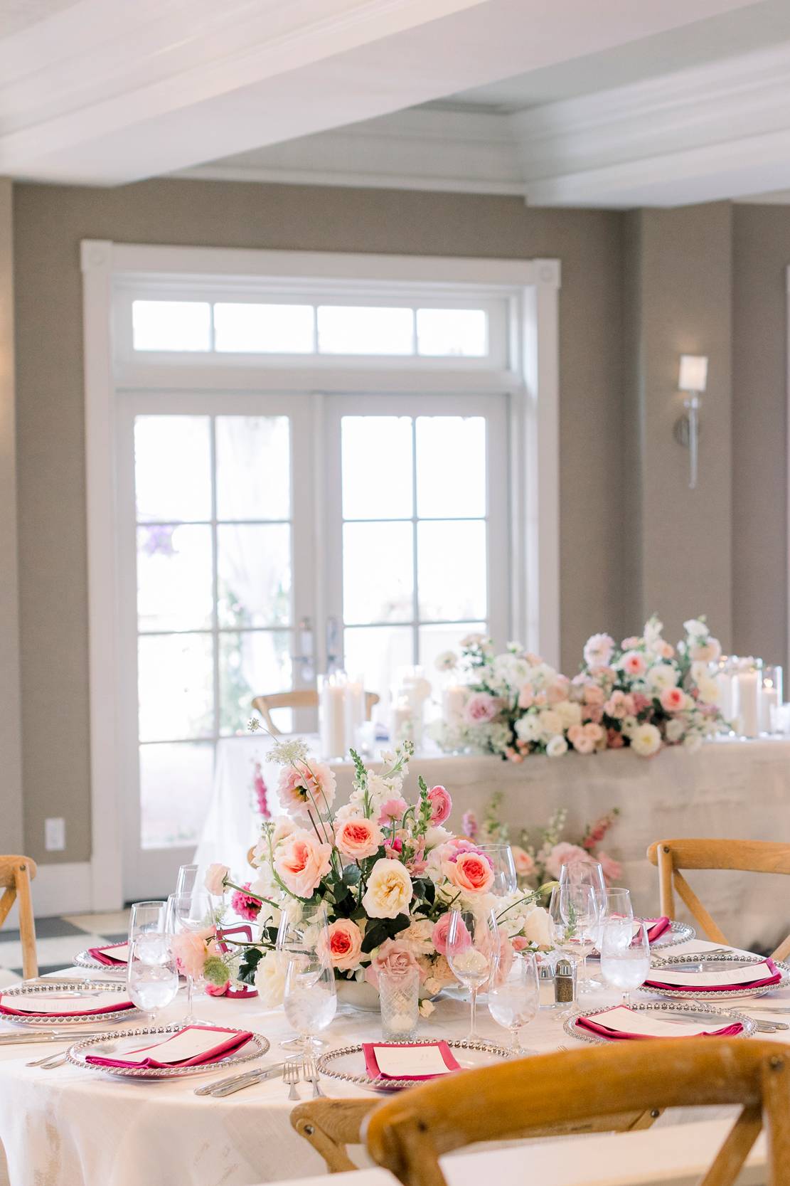 Pink flowers and decor, Sagamore Room wedding
