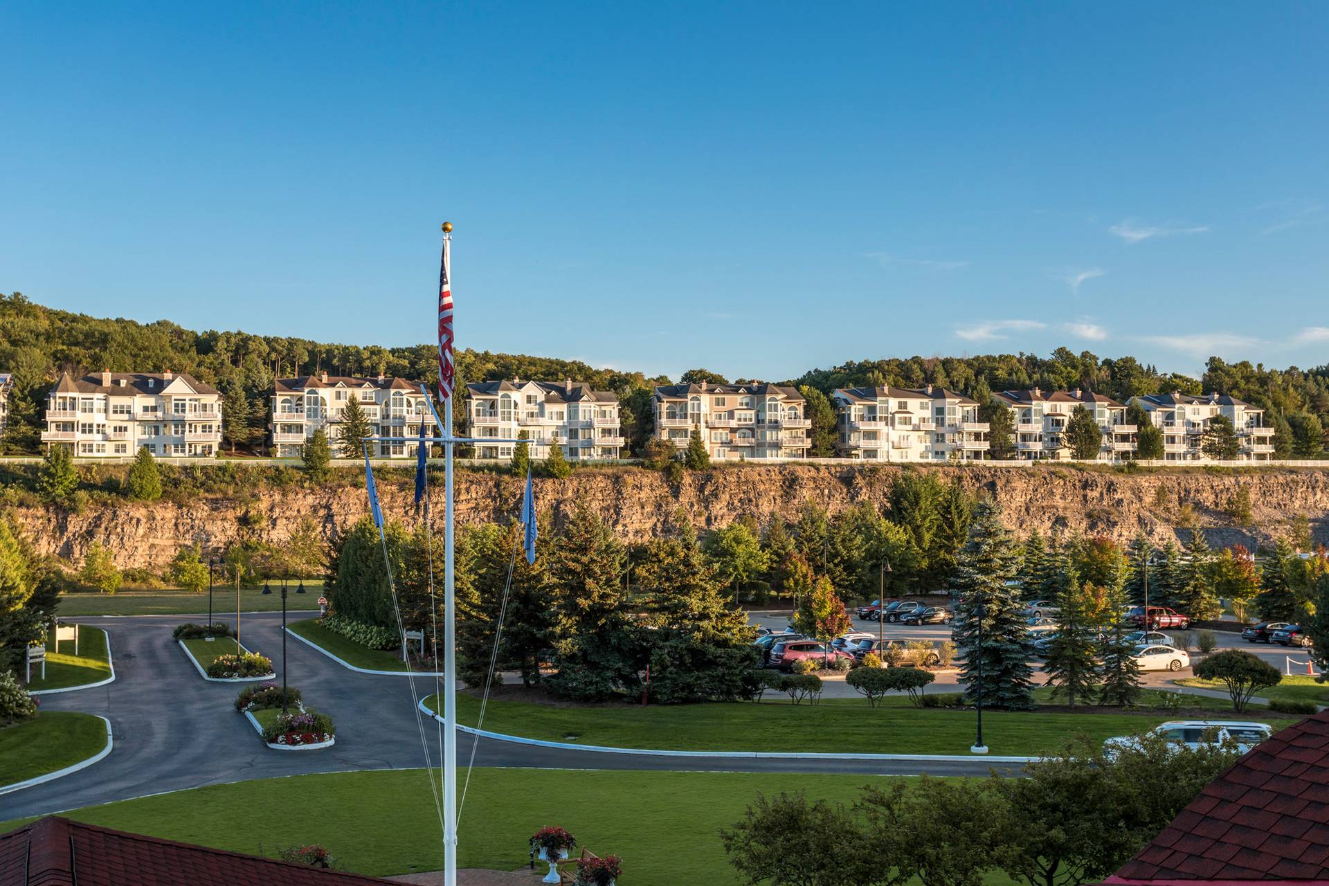 Hotel grounds in front of limestone cliffs, condos in Bay Harbor, Michigan