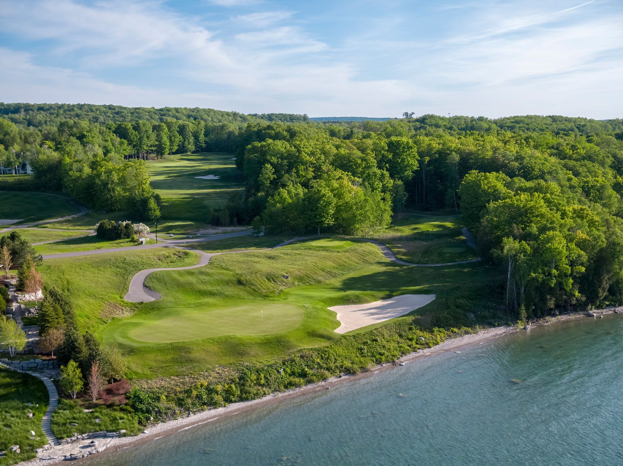 The Preserve golf course, aerial hole nine view from water, Bay Harbor Golf Club