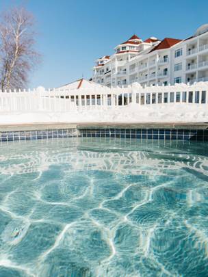 Blue water shimmers in winter hot tub, Inn at Bay Harbor