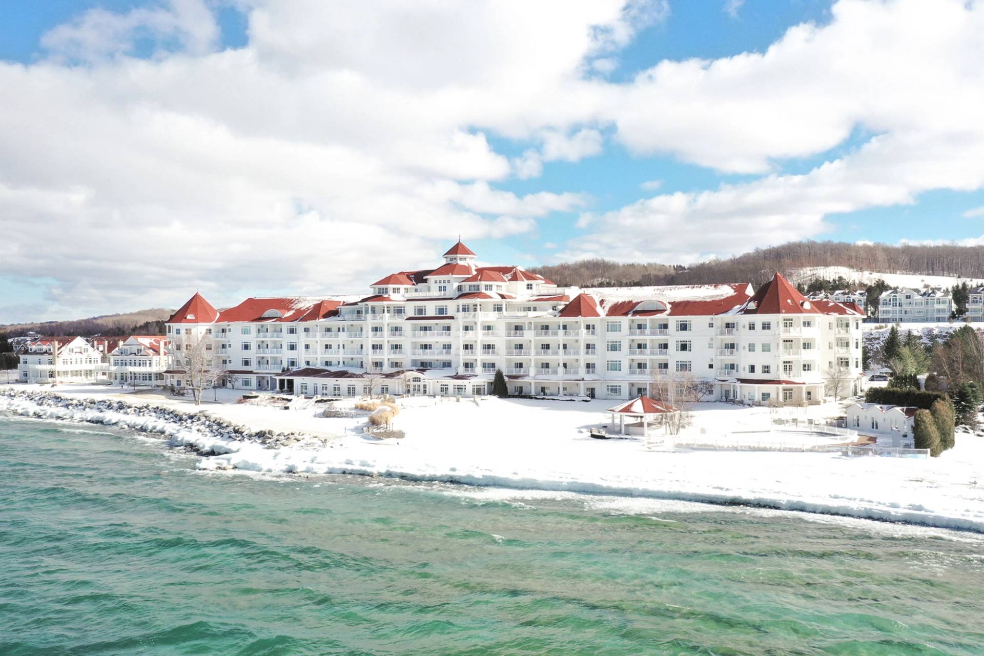 Snow-covered exterior, Inn at Bay Harbor on Lake Michigan