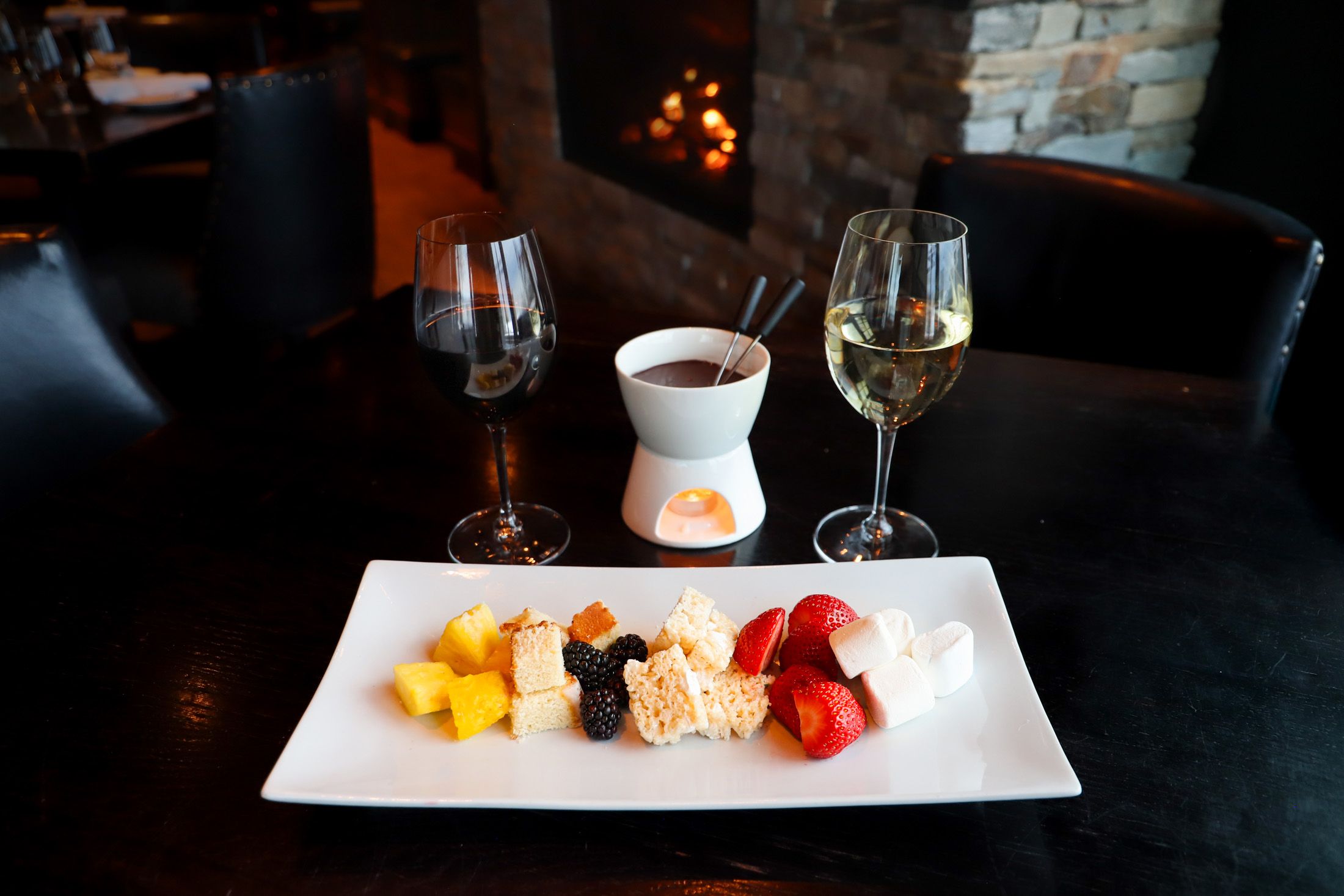 Chocolate Fondue, wine glasses at Vintage Chophouse | Wine Bar