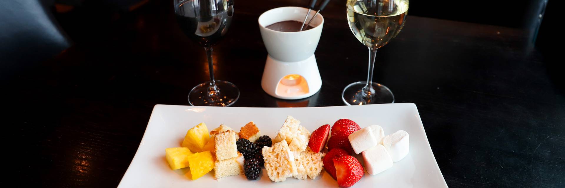 Chocolate Fondue, wine glasses at Vintage Chophouse | Wine Bar