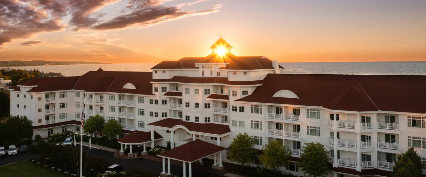 Sunset burst through Inn at Bay Harbor central tower