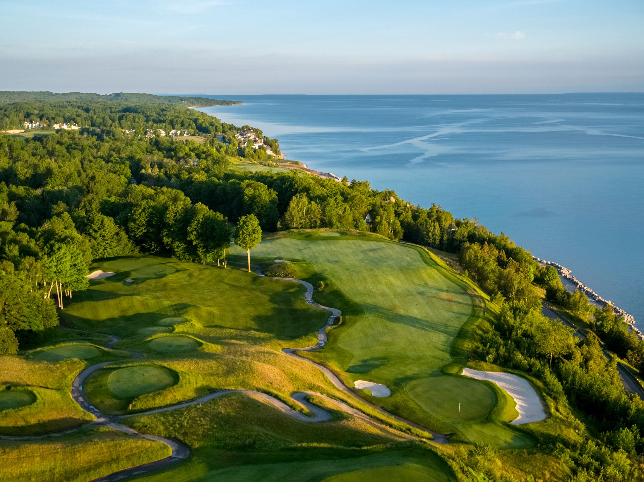 The Links course on Lake Michigan, aerial view in morning light