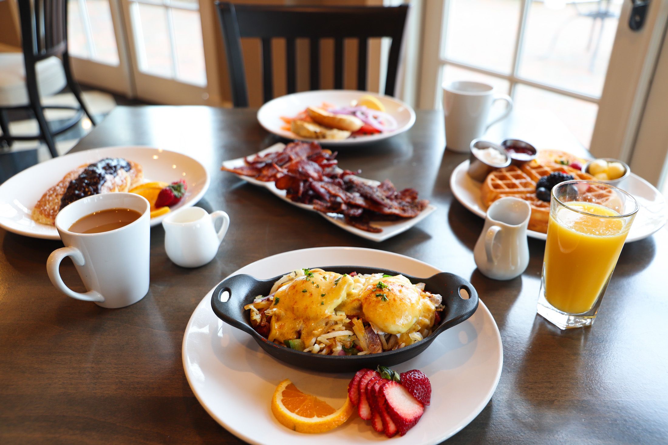 Breakfast Corned Beef Hash skillet with coffee, juice other breakfast items, The Sagamore Room