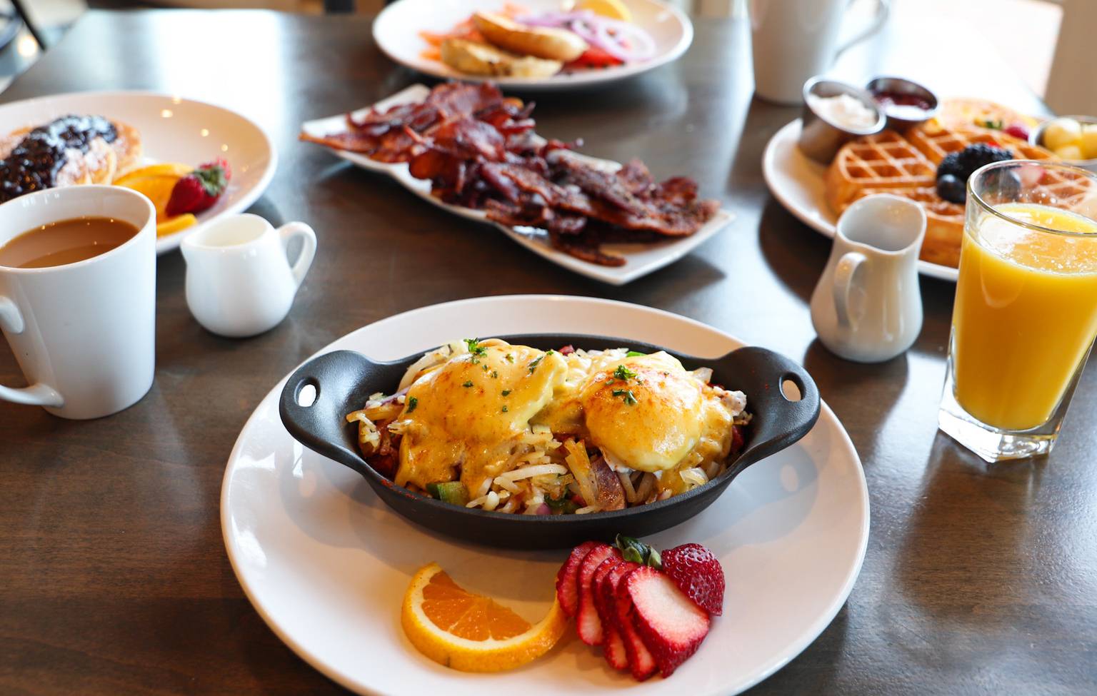 Breakfast Corned Beef Hash skillet with coffee, juice other breakfast items, The Sagamore Room