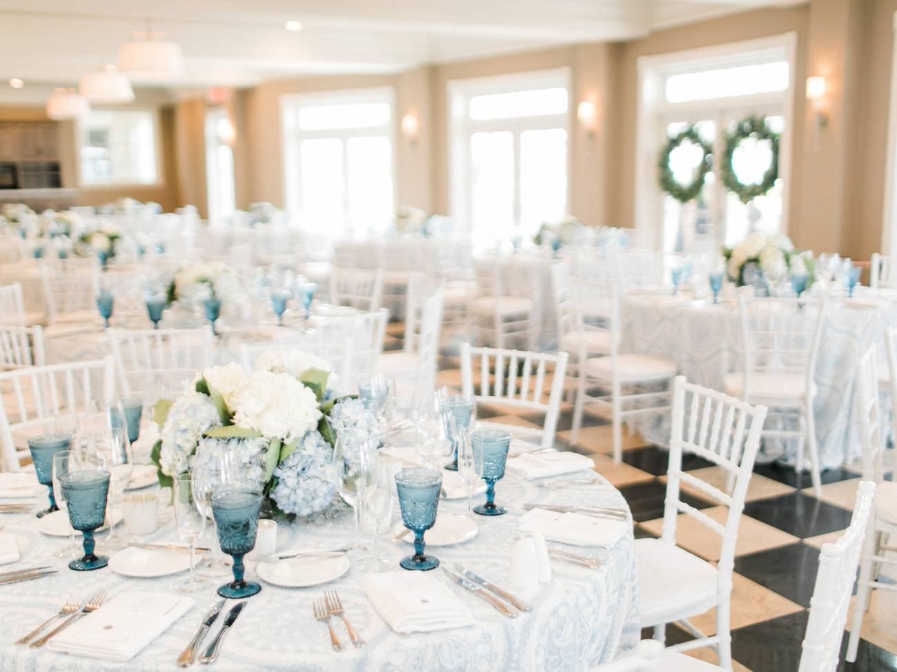 Blue hydrangea and goblet wedding decor, The Sagamore Room
