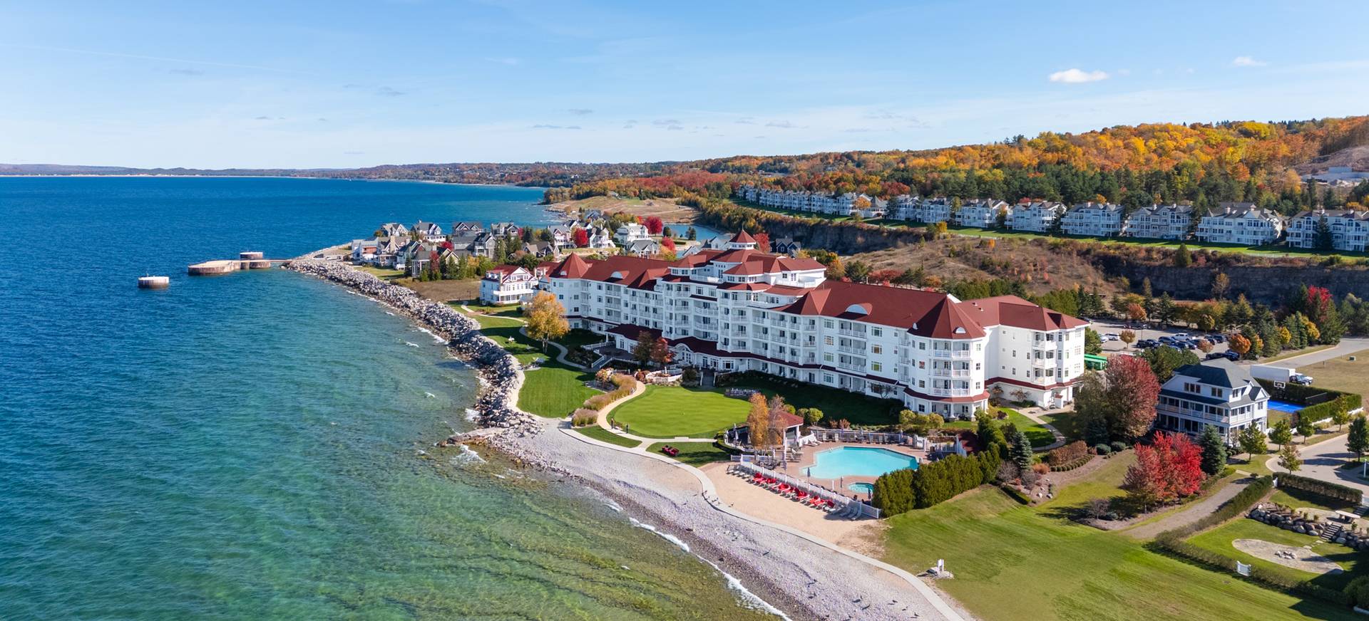 Autumn at Inn at Bay Harbor on Lake Michigan, aerial view