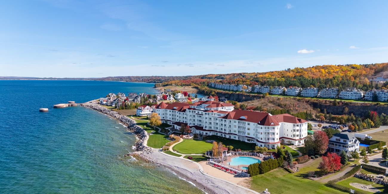 Autumn at Inn at Bay Harbor on Lake Michigan, aerial view