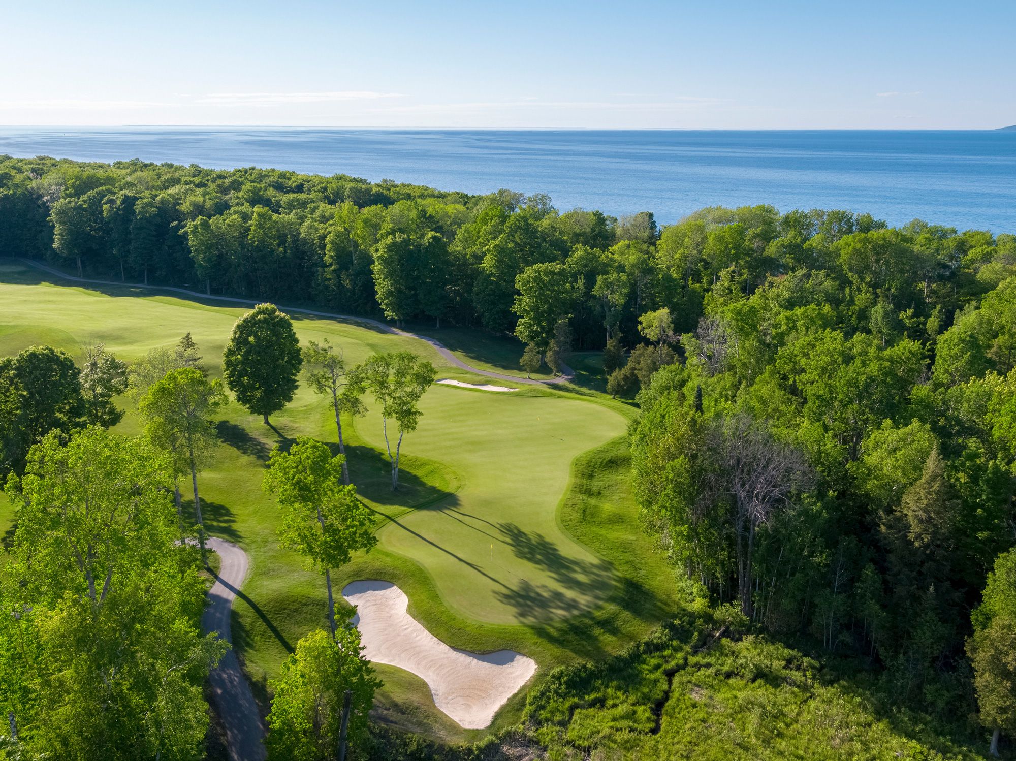 The Preserve course, hole two aerial, Lake Michigan background