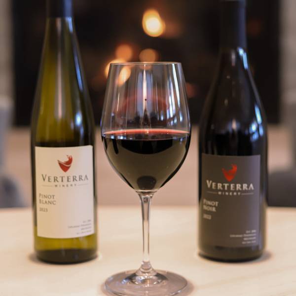 Verterra wine bottles in front of a gas fireplace.