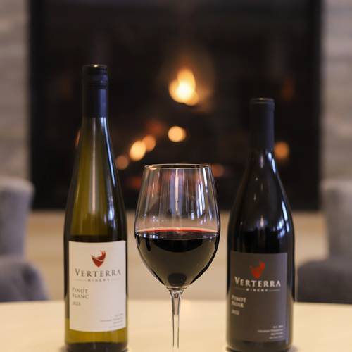 Glass of red wine, between Verterra red, white wine bottles near fireplace