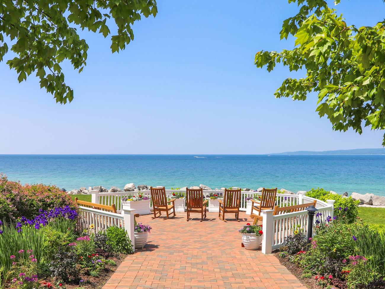 Summer view of Lake Michigan, gardens, from Inn at Bay Harbor