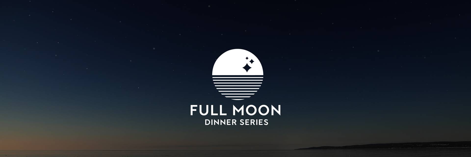 Full Moon Dinner Series logo over the night sky on Little Traverse Bay.