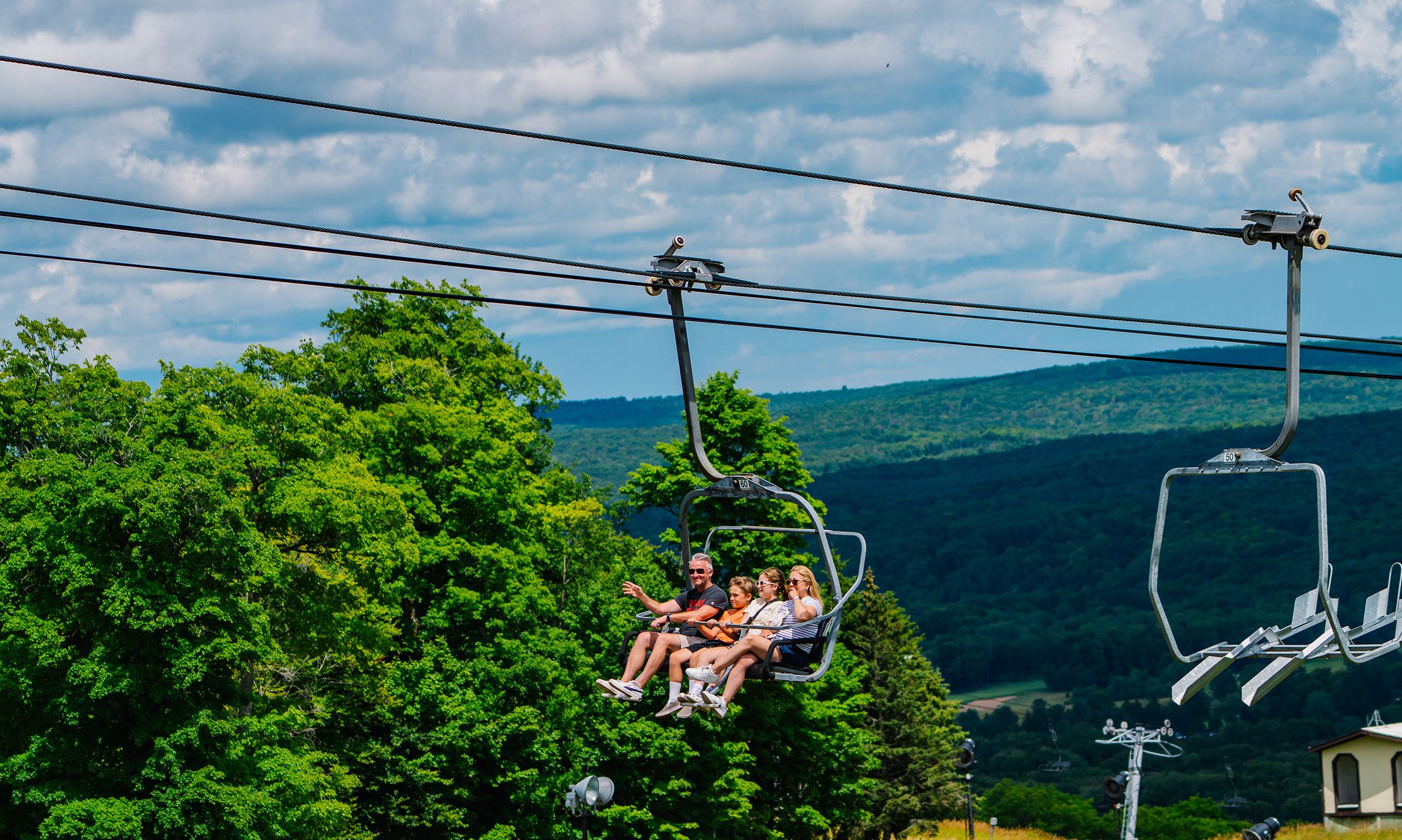 A family on a scenic chairlift ride at The Highlands