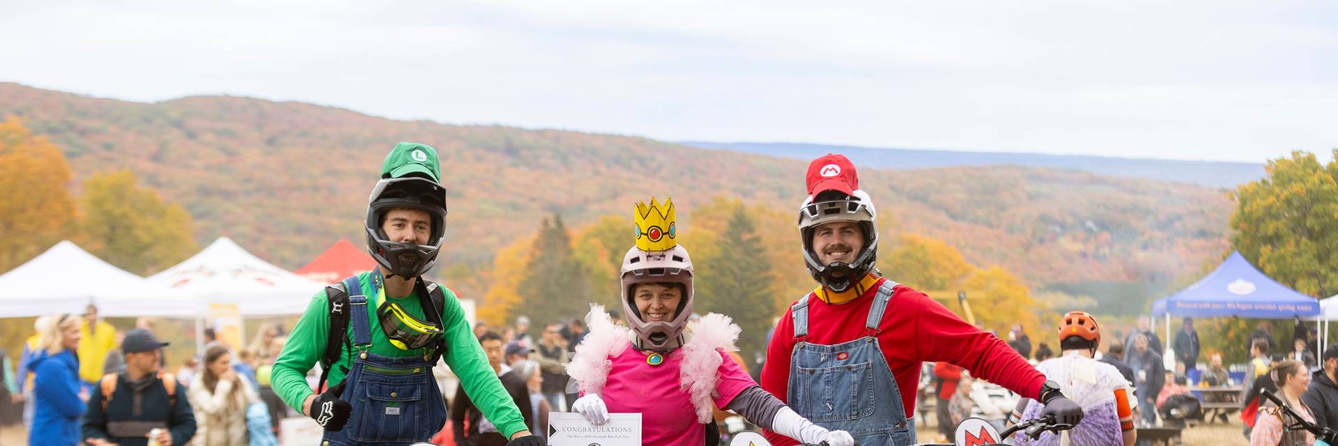 A group of mountain bikers in costumes