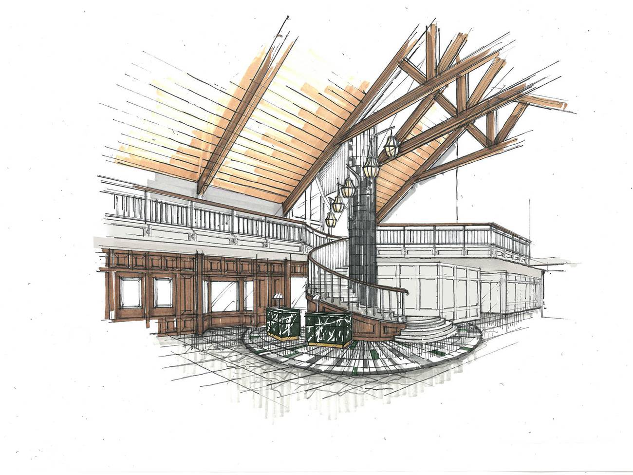 A rendering of the Main Lodge lobby
