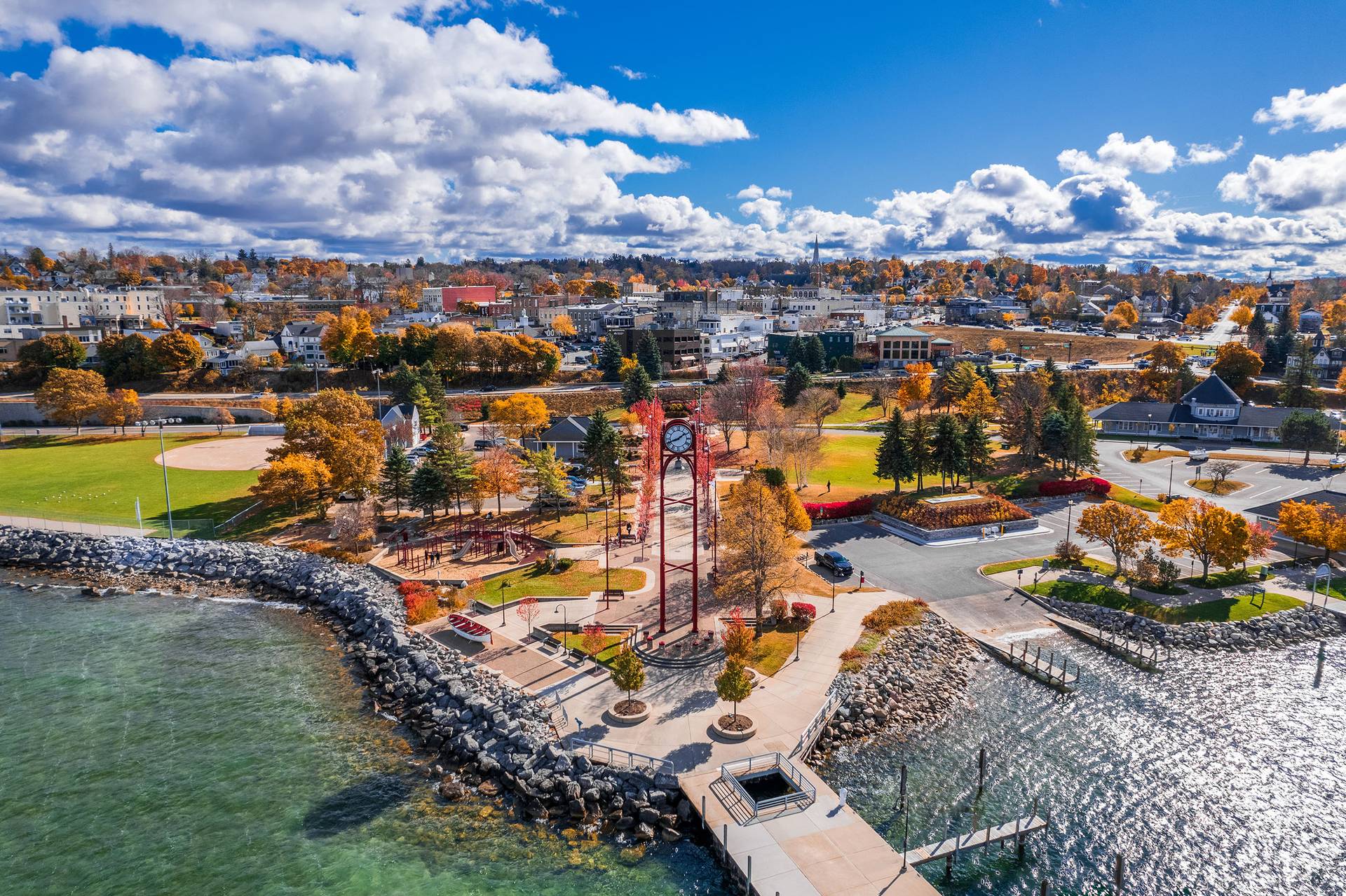A drone short of Bayfront Park in Petoskey