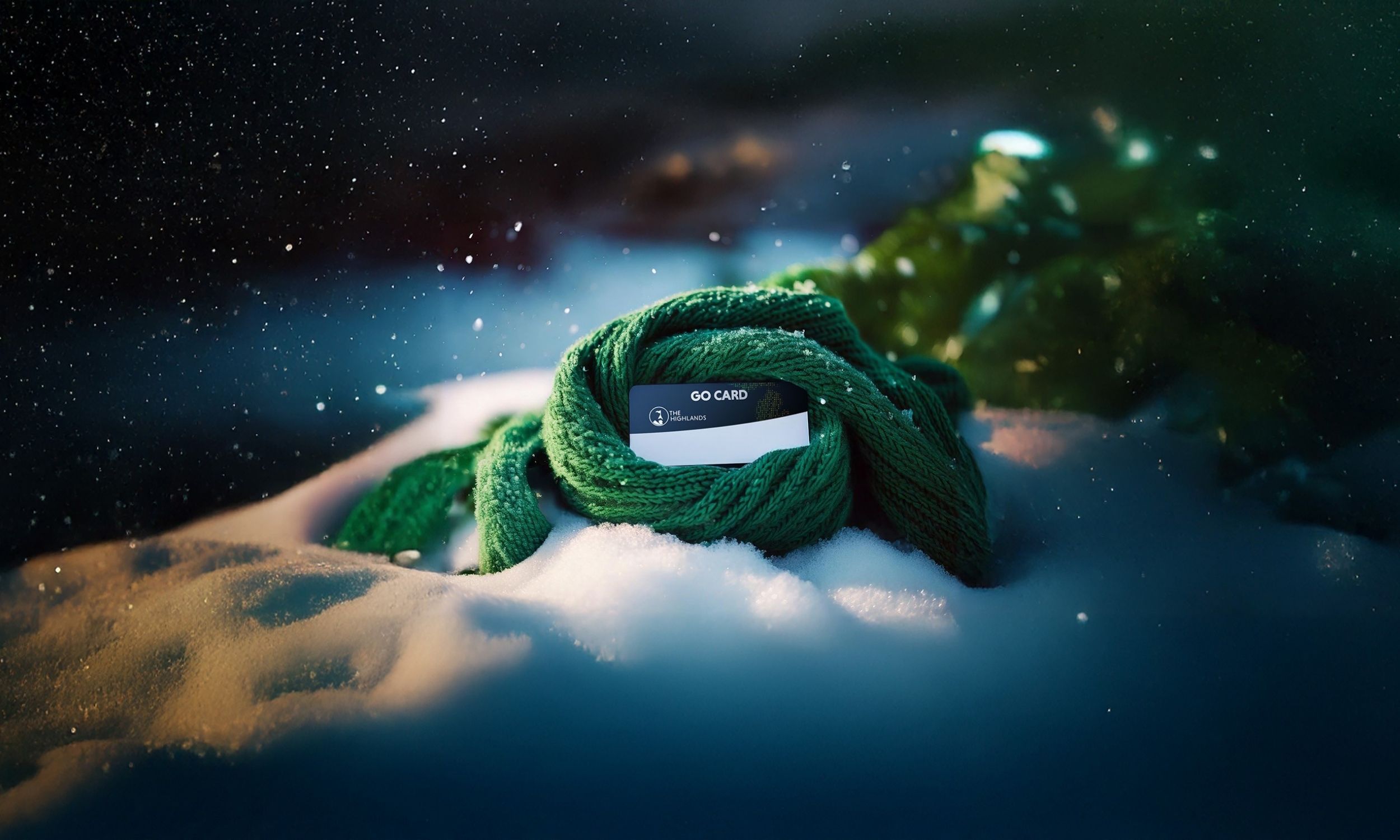 A graphic of a lift ticket card wrapped in a scarf on the snow