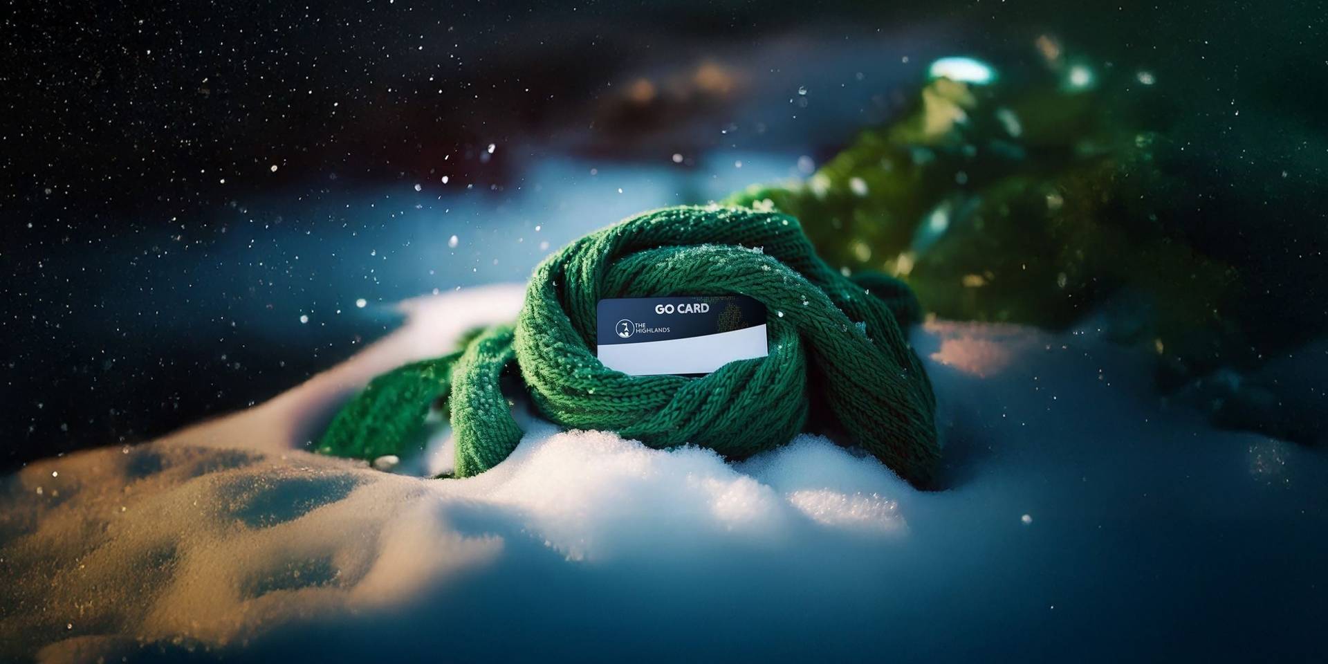A graphic of a lift ticket card wrapped in a scarf on the snow
