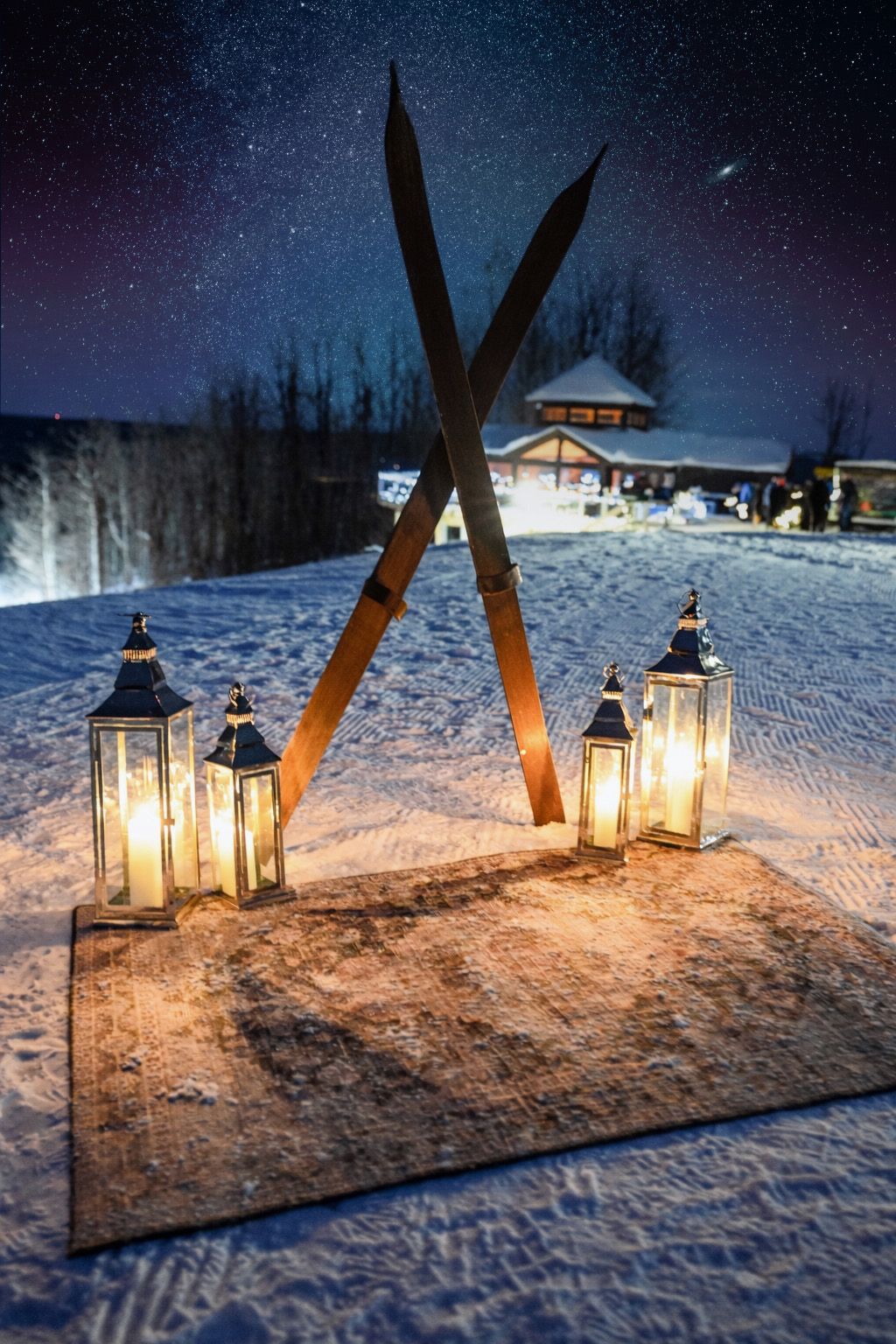 Skis against the stars, posed