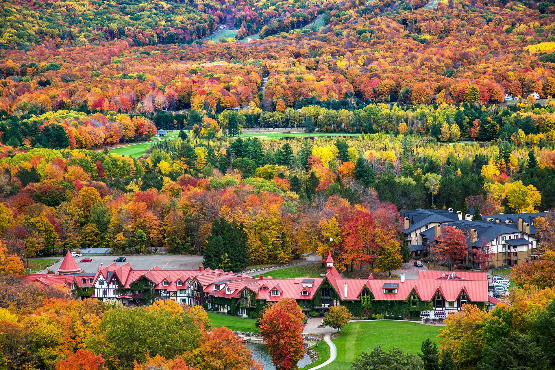 Drone shot of the Main Lodge in fall