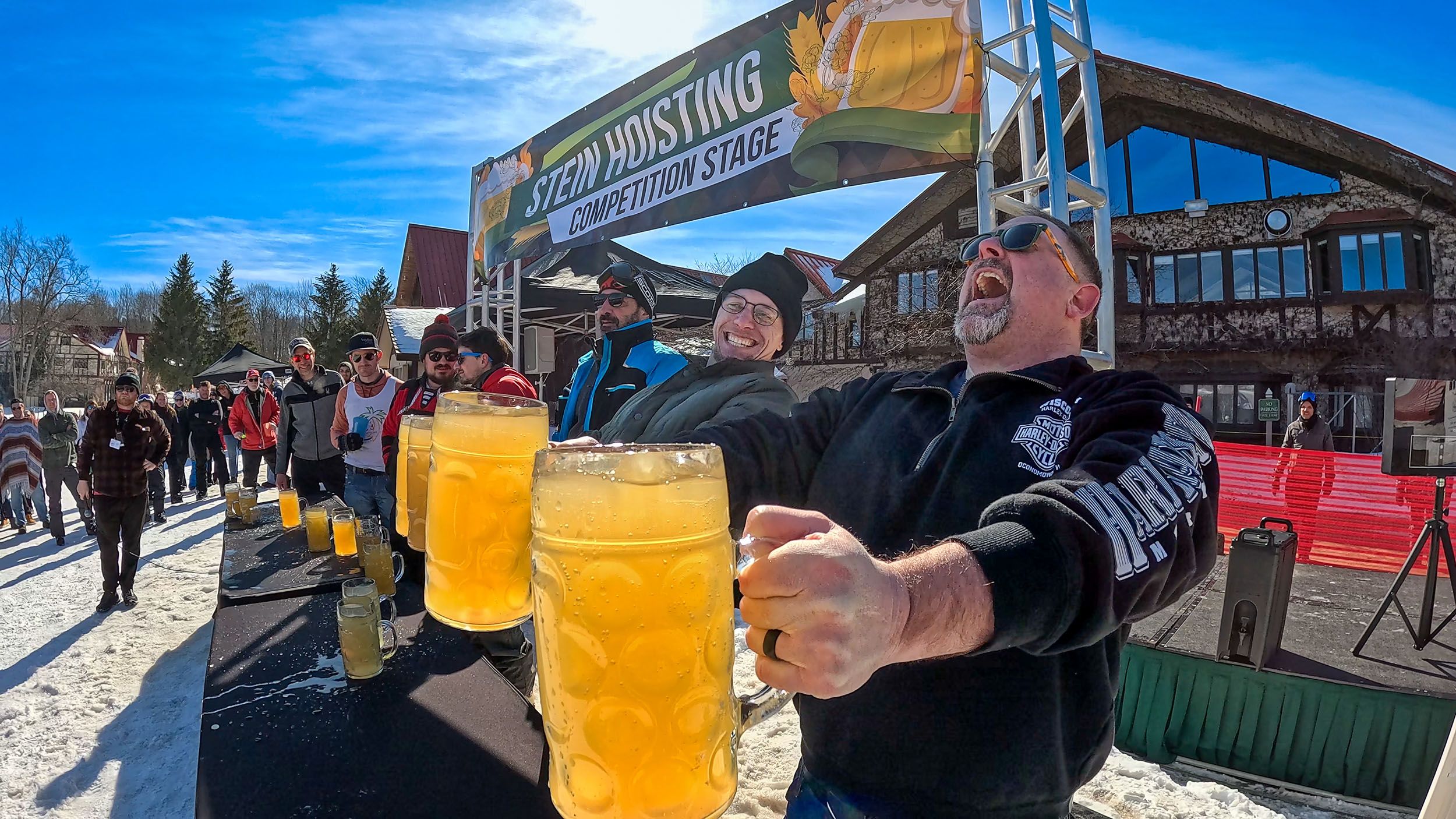 Men at the stein hoisting contest during the Hops 'N Highlands event
