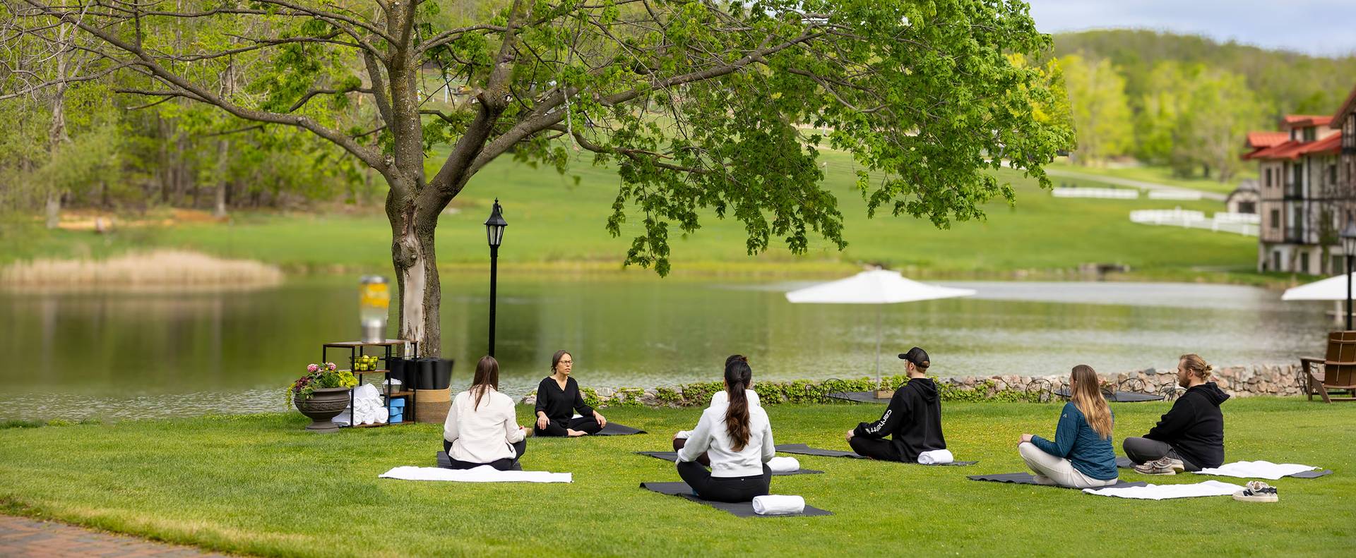A group of people participating in yoga on the lawn