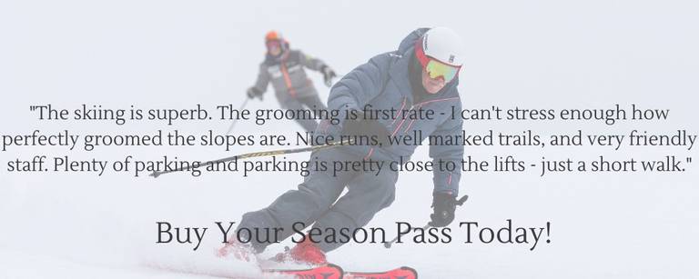 Image of a skier with a text overlay "The skiing is superb. The grooming is first rate - I can't stress enough how perfectly groomed the slopes are. Nice runs, well marked trails, and very friendly staff. Plenty of parking and parking is pretty close to the lifts. Just a short walk."