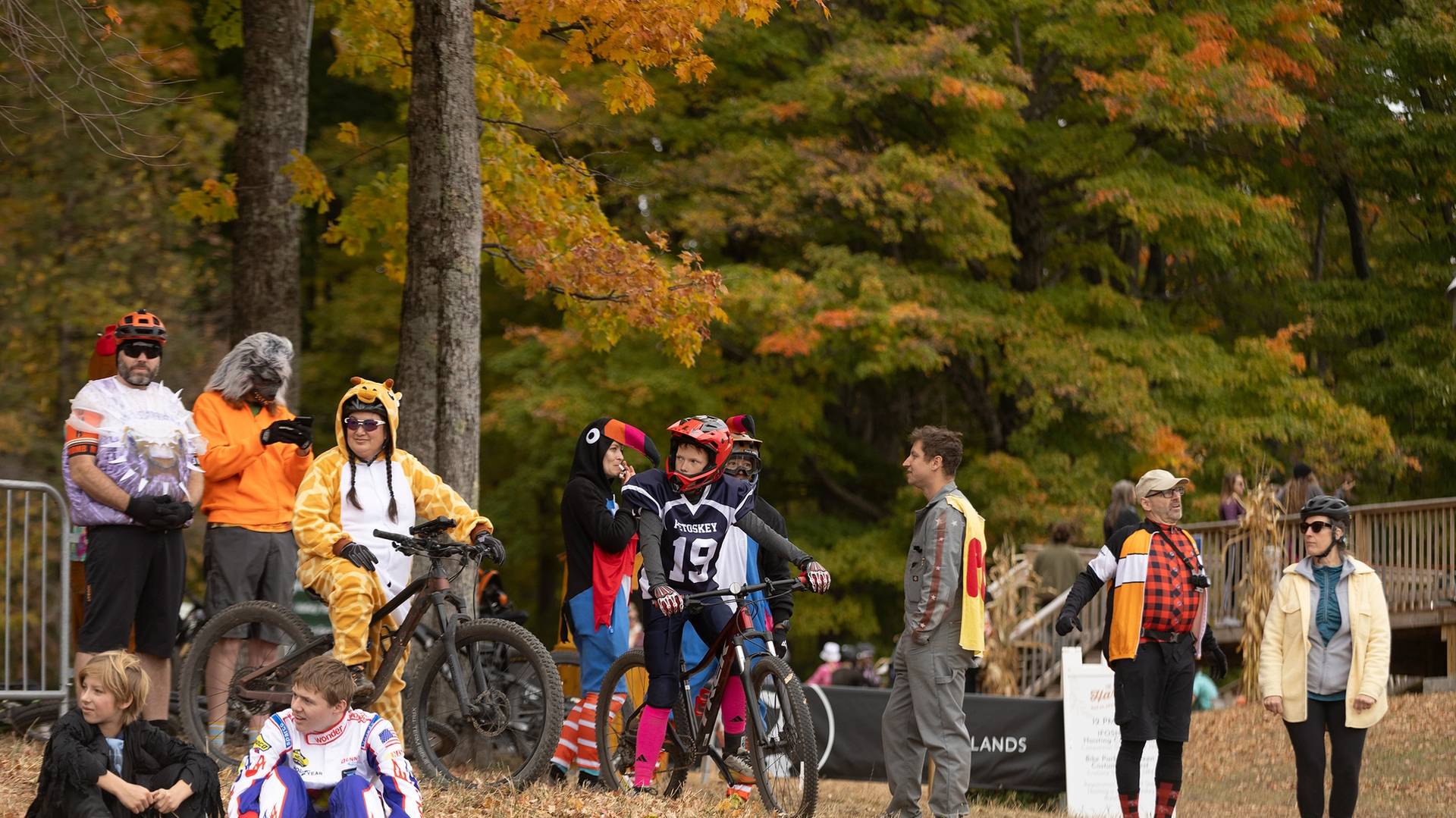 A group of mountain bikers in costumes