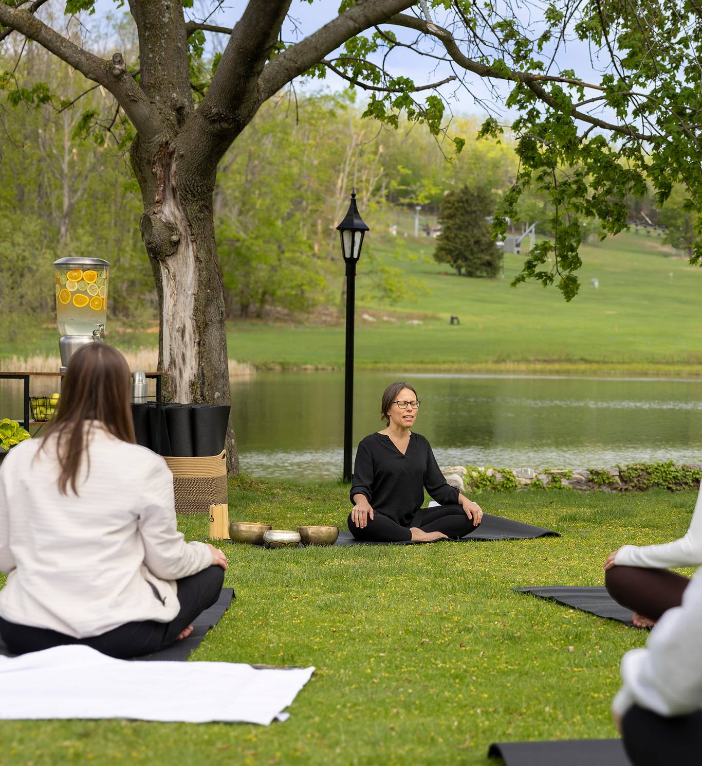 A group of people participating in yoga on the lawn