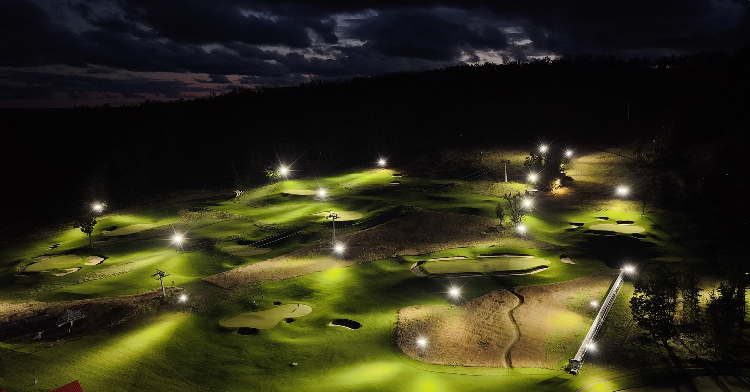 Drone shot of Doon Brae at night