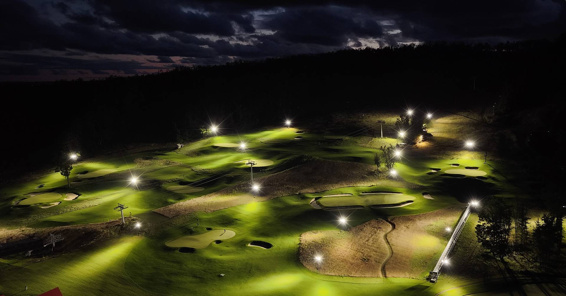 Drone shot of Doon Brae at night