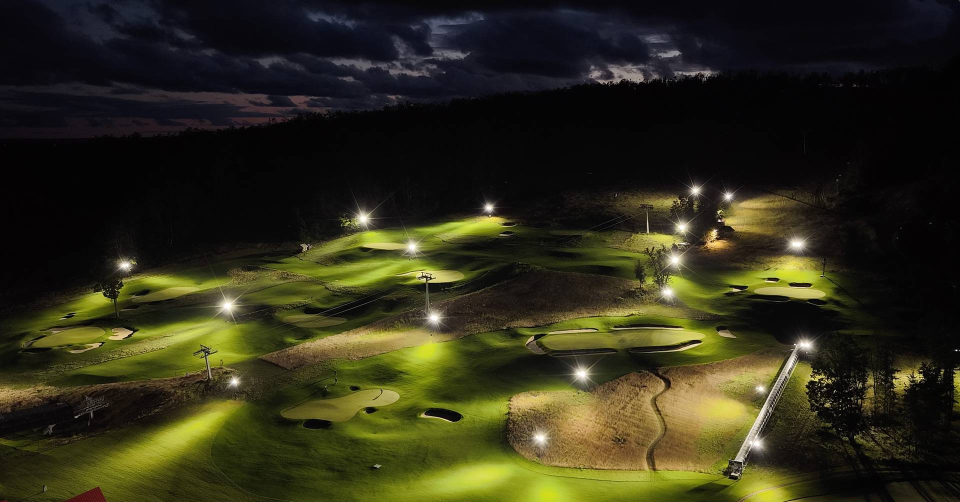 Drone shot of Doon Brae at night