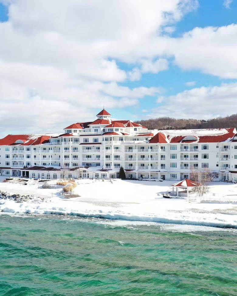 Drone shot of The Inn at Bay Harbor in winter