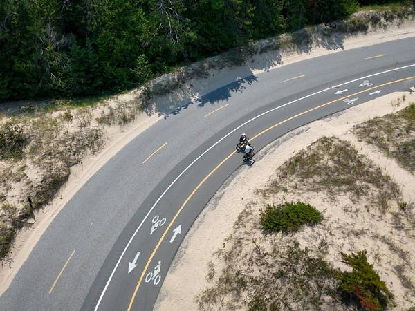 A drone shot of bikers on the Little Traverse Wheelway
