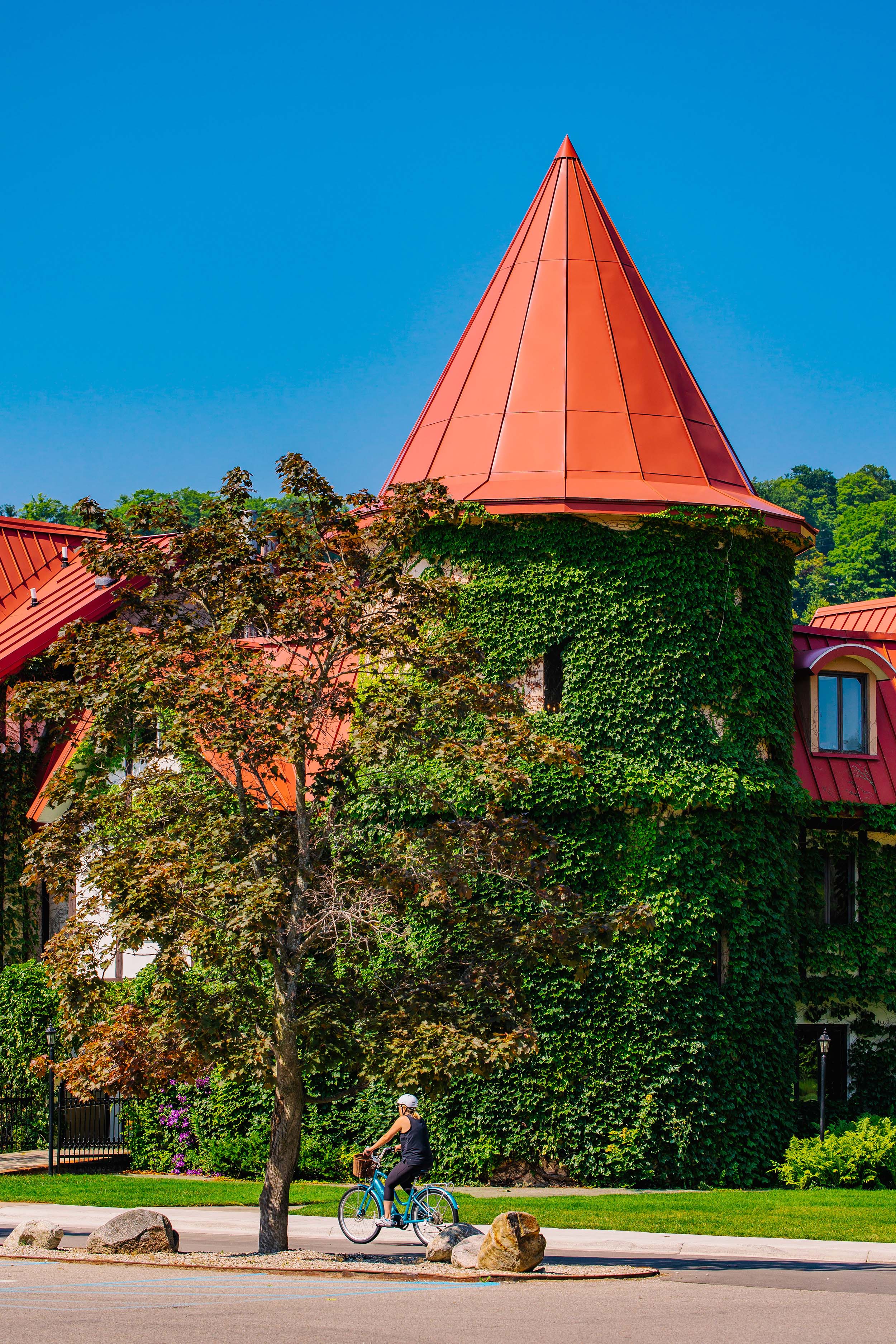 The Main Lodge Tower and a biker