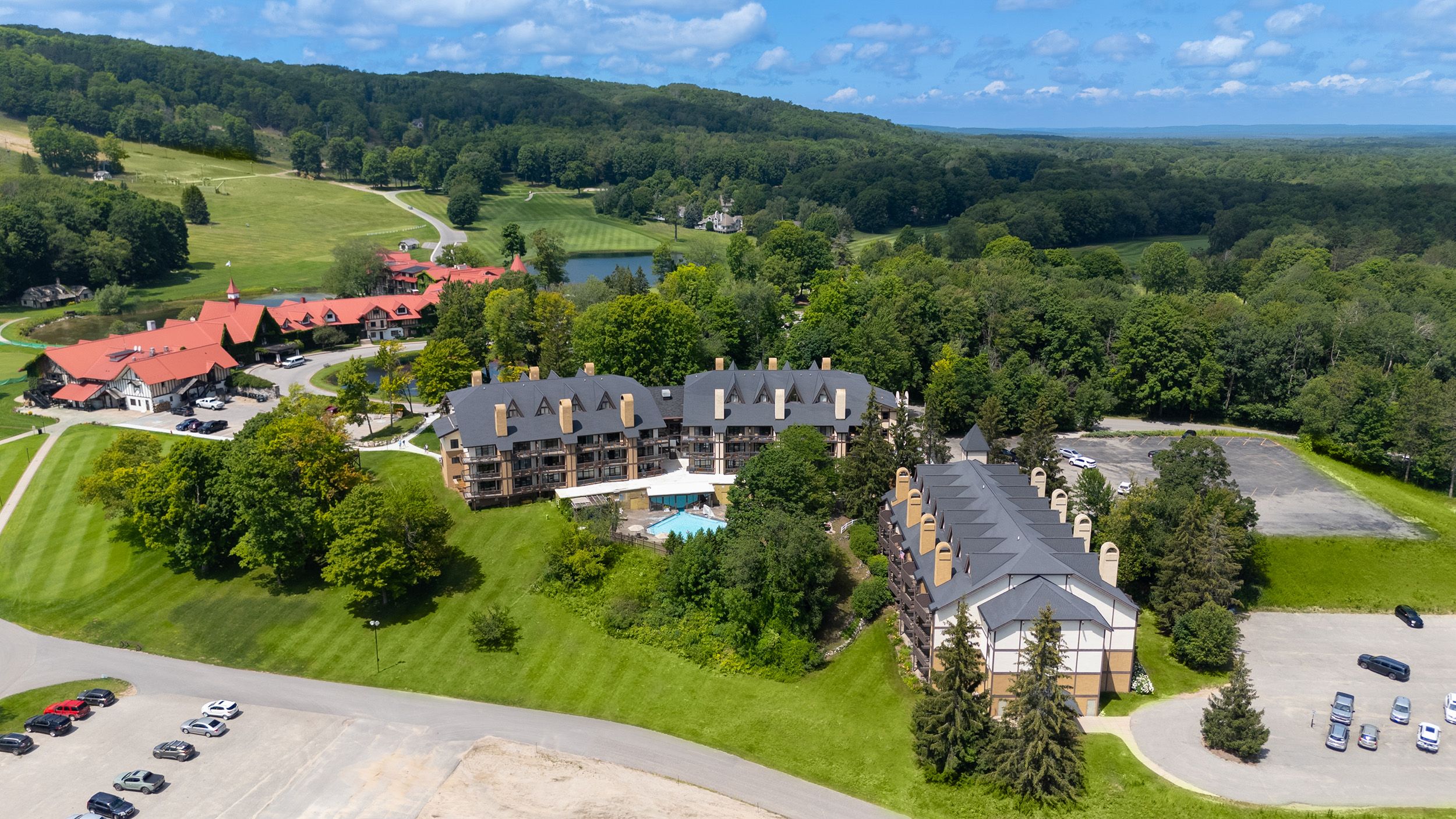 A drone shot of Heather Highlands Inn in summer