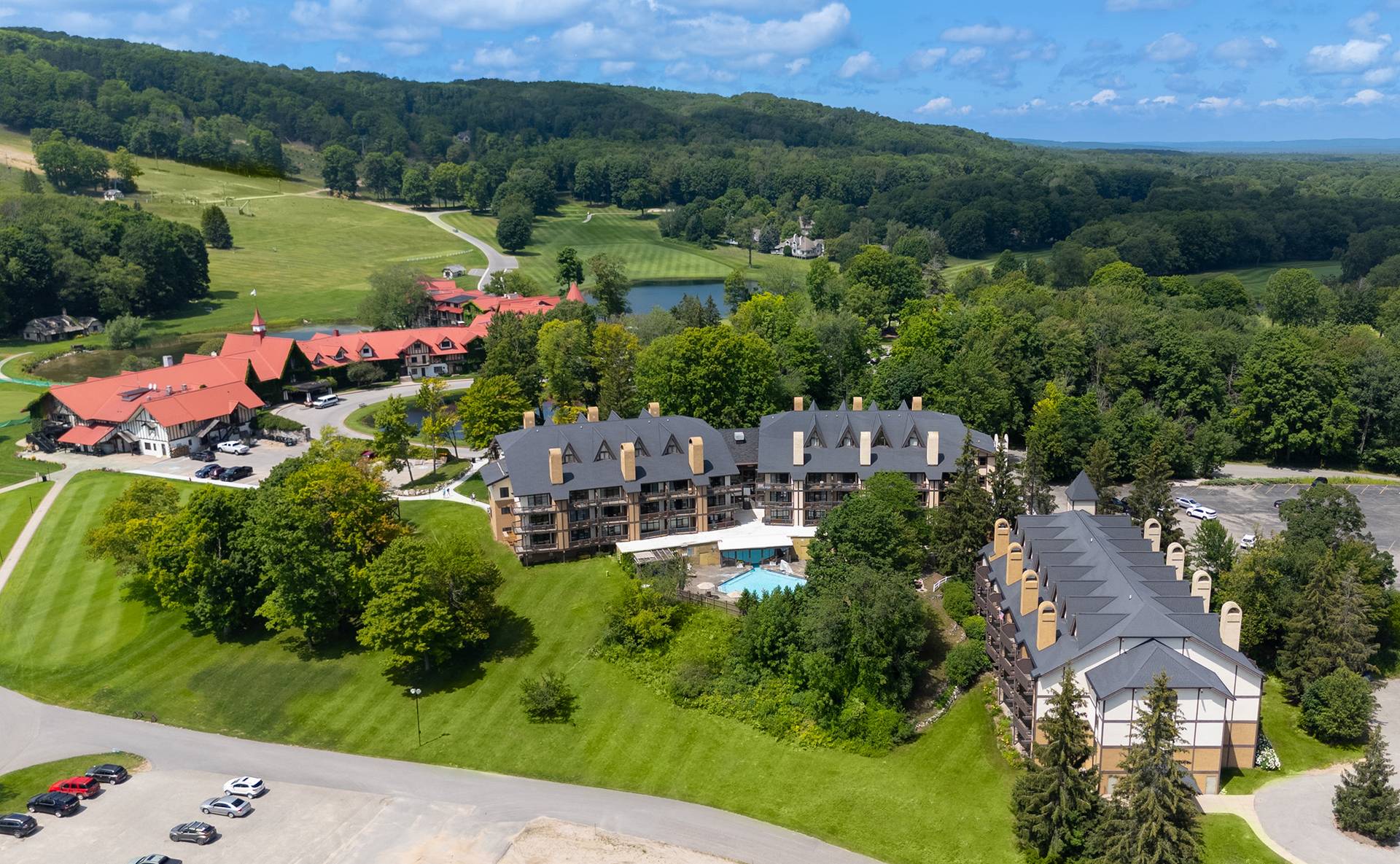 A drone shot of Heather Highlands Inn in summer