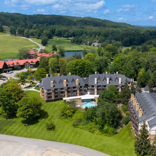 A drone shot of Heather Highlands Inn in summer
