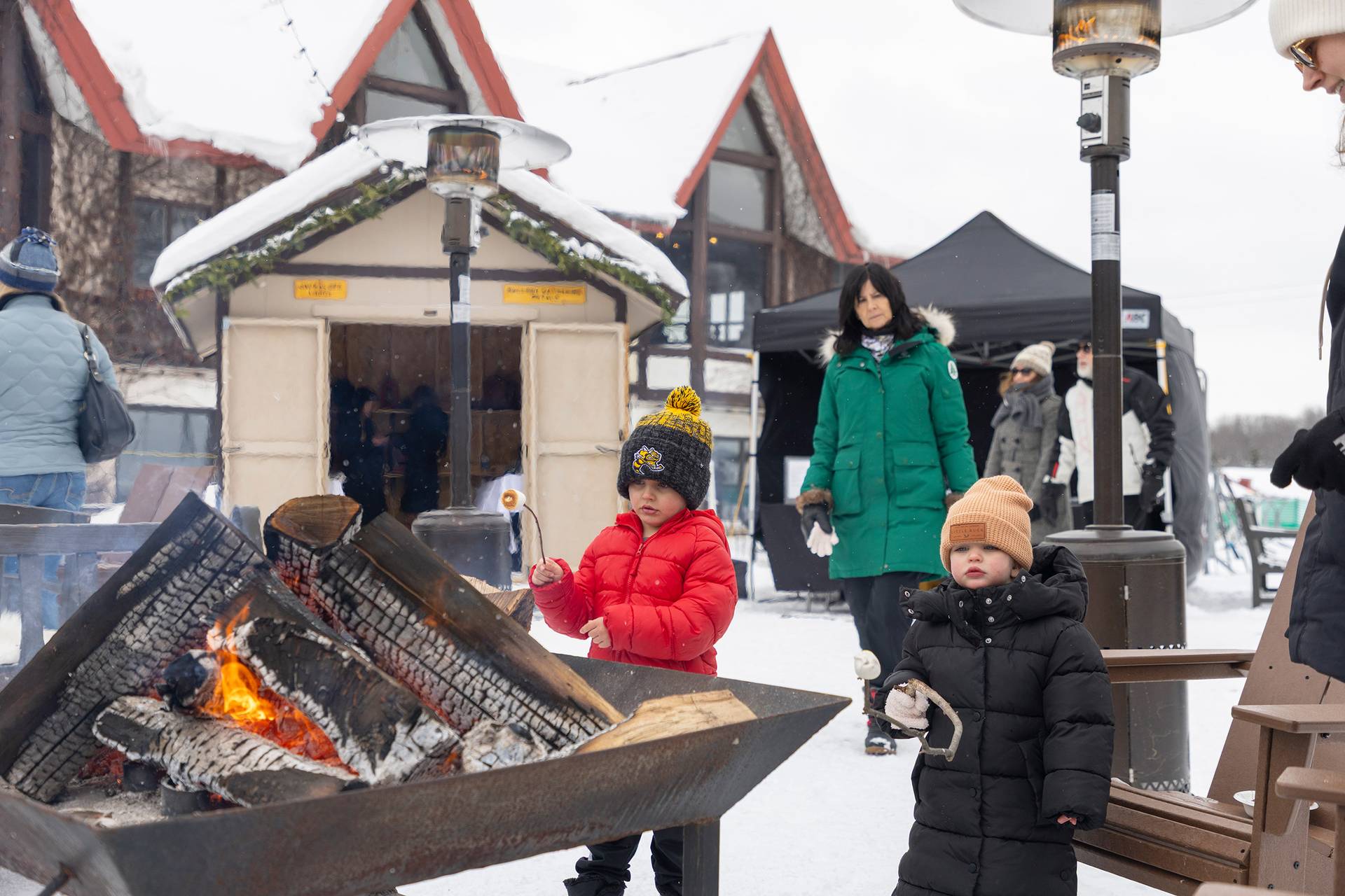 Two kids roasting smore's in winter