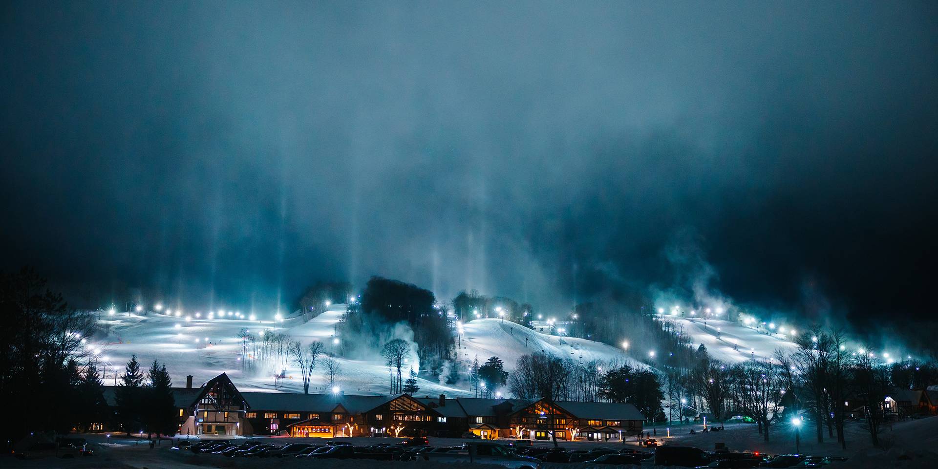 The Highlands ski slopes lit up at night