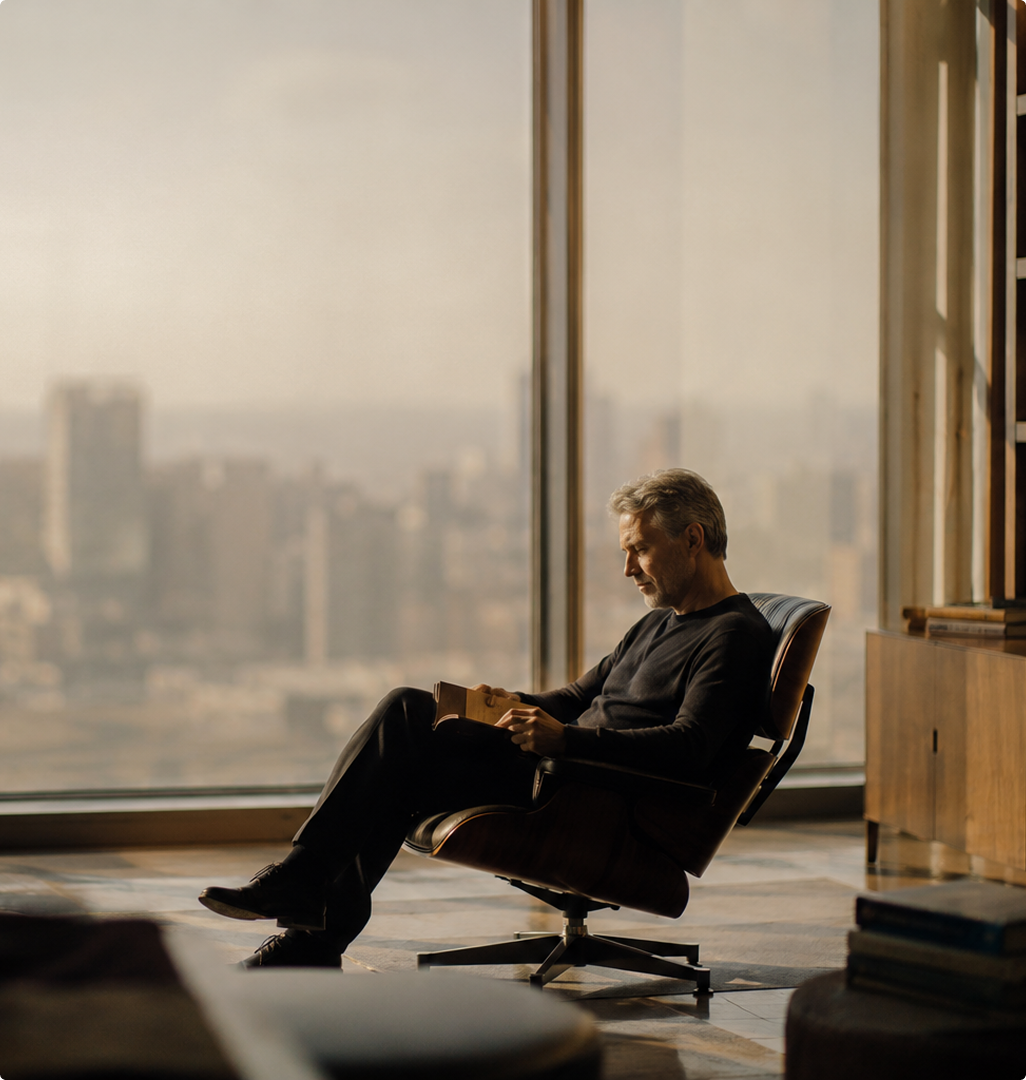 Mann liest in einem Lounge-Sessel vor einer Fensterfront mit Blick auf die Skyline einer Großstadt