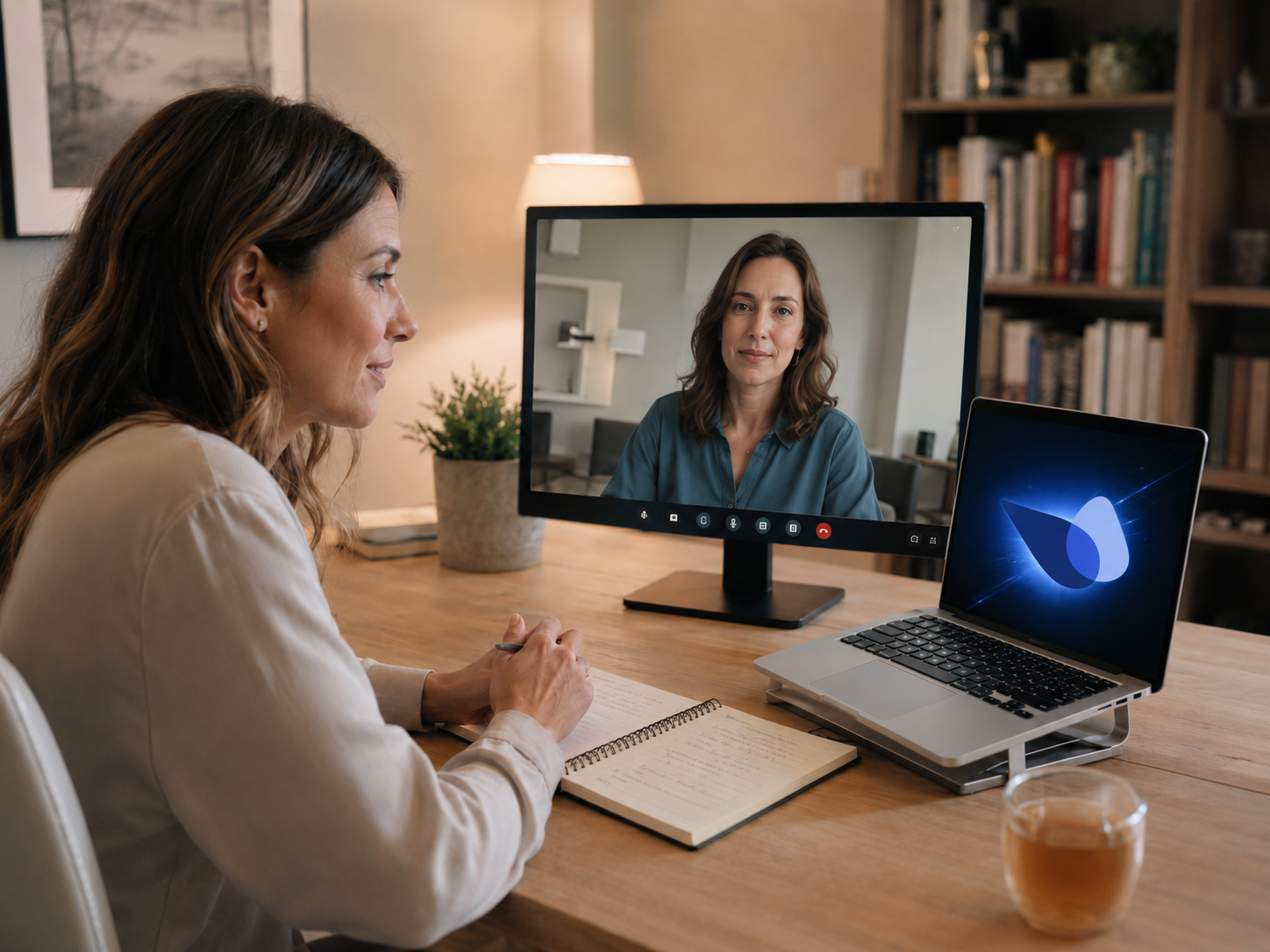 Psicóloga en sesión online utilizando herramientas de inteligencia artificial para el seguimiento de pacientes