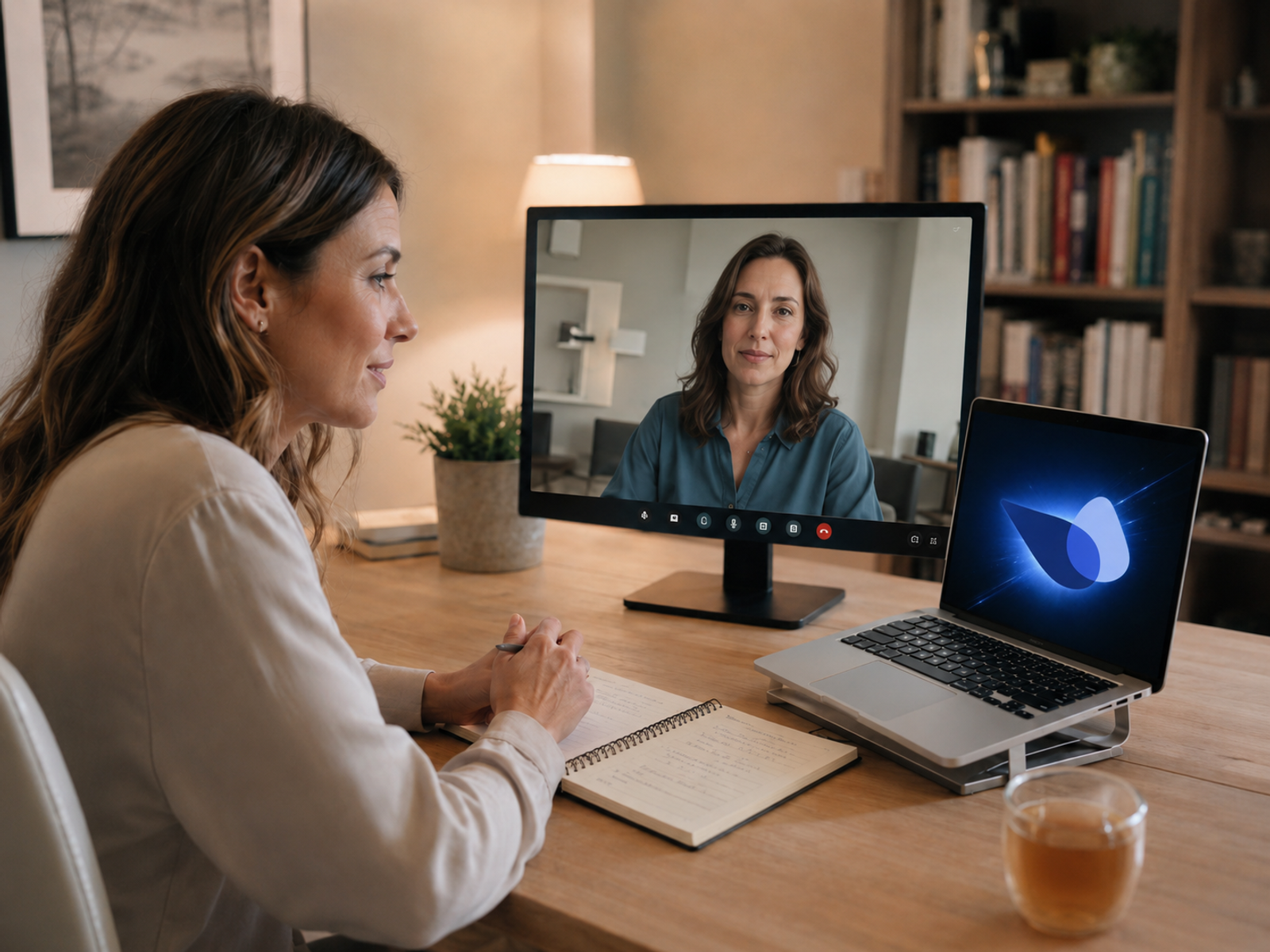 Psicóloga en sesión online utilizando herramientas de inteligencia artificial para el seguimiento de pacientes
